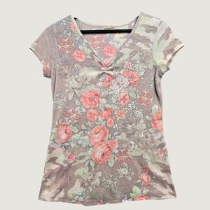 One World Floral Camo V-Neck Top Womens M Brown Rhinestone Y2K Grunge Boho